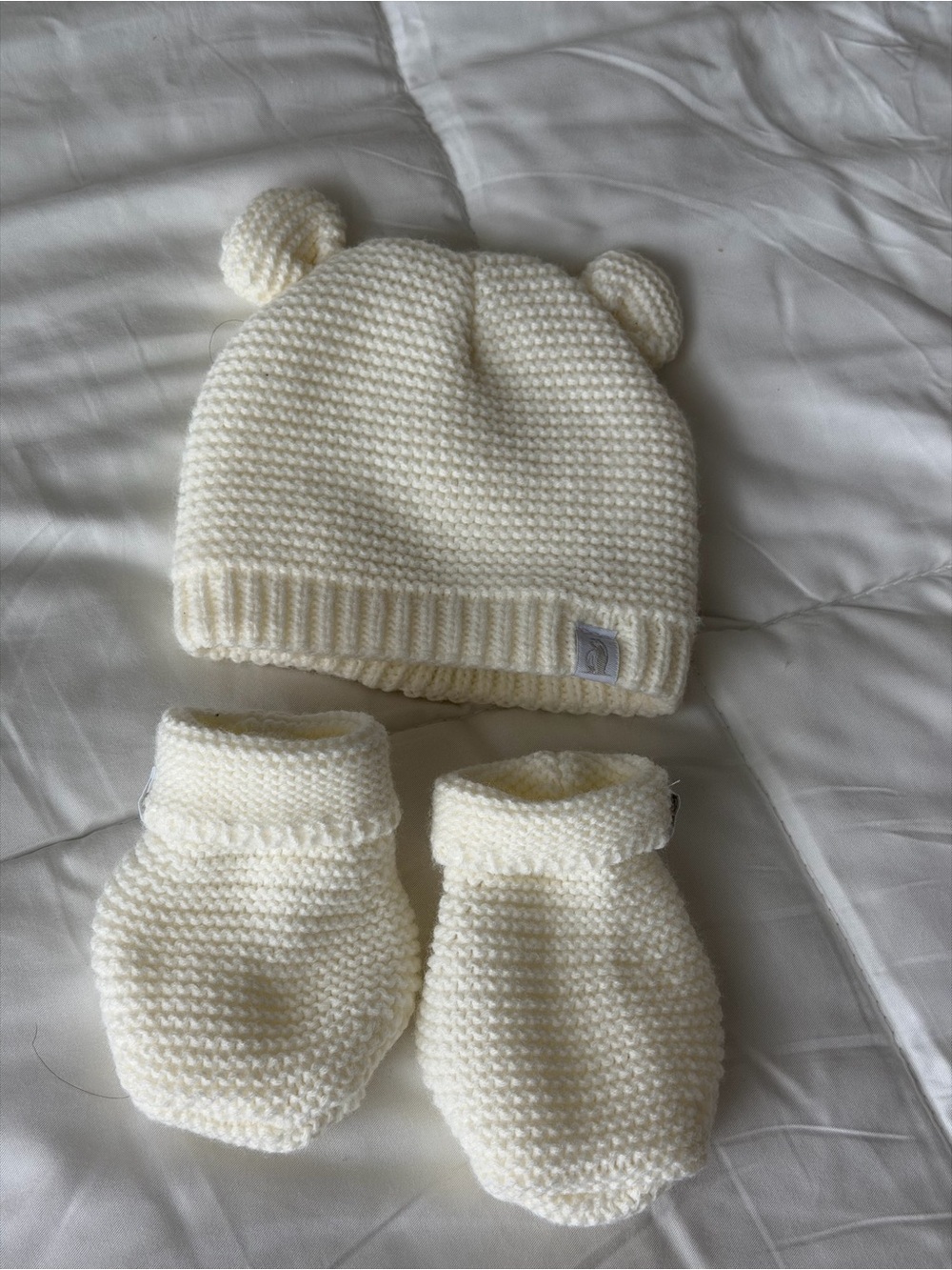 Cozy Cream Knit Baby Hat with Bear Ears and Matching Mittens